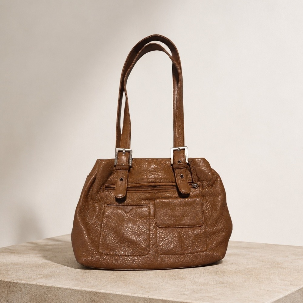 Stone & Co Medium Brown Pebbled Leather Shoulder Bag Buckle Detail